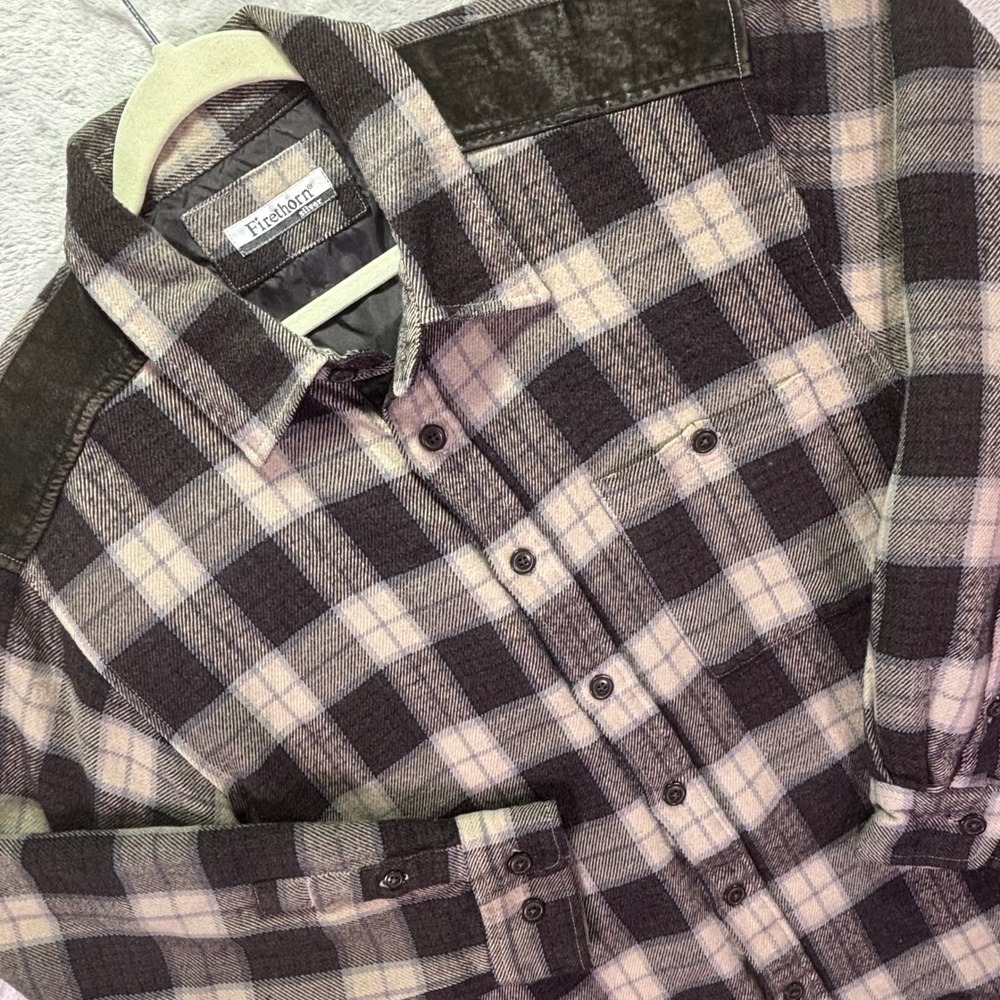 Firethorn Men Shirt Jacket XL Brown Plaid Leather Trim Quilted Lining Wool Blend